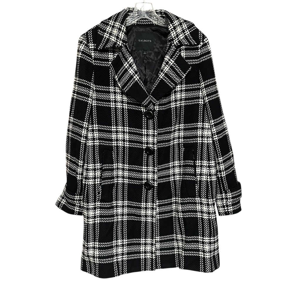TALBOTS‎ Womens Black White Plaid Wool Blend Pea Coat Sz 12 Jacket